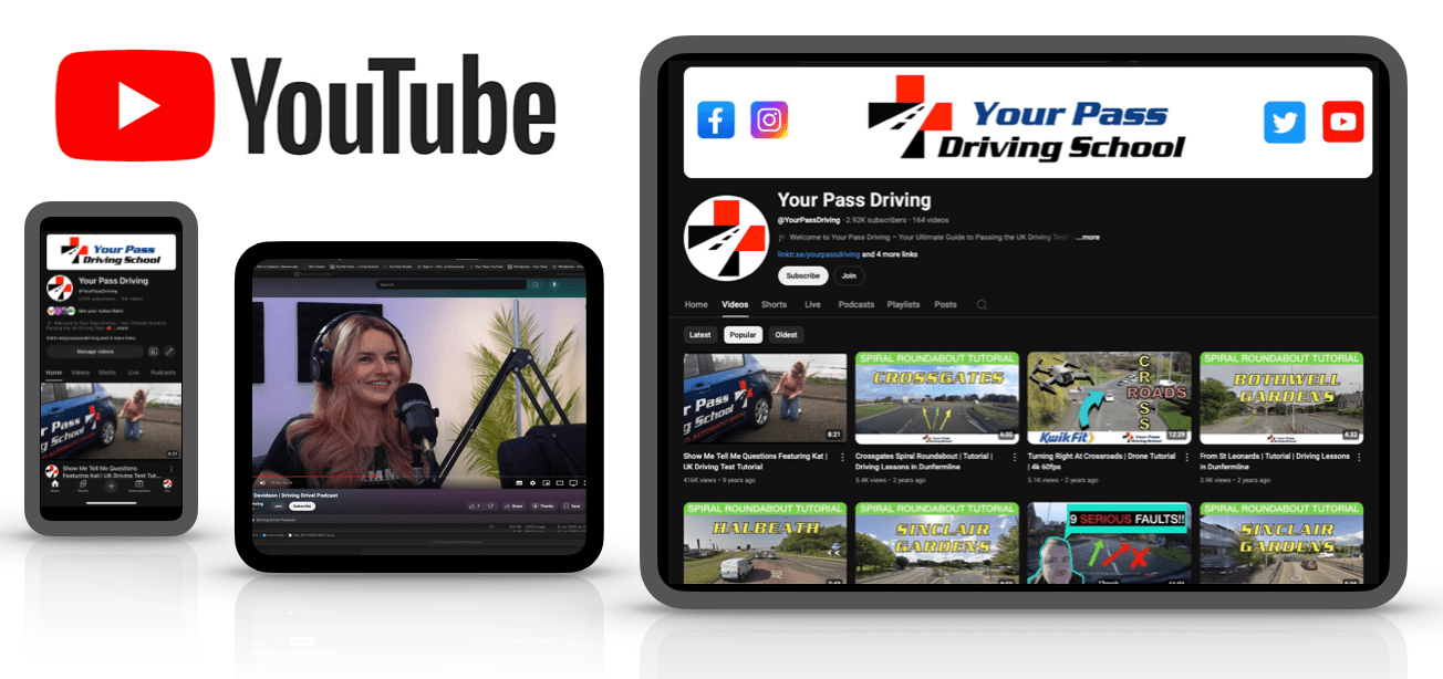 Your Pass Driving School’s YouTube channel displayed across devices, featuring driving tutorials, learner tips, and Driving Drivel podcast episodes.