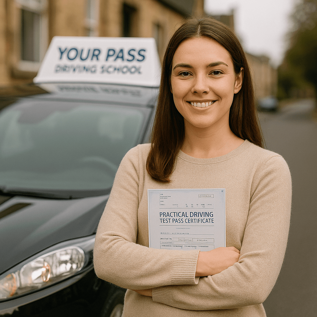A smiling young woman stands proudly holding a Practical Driving Test Pass Certificate in front of a black car with a "Your Pass Driving School" roof sign.