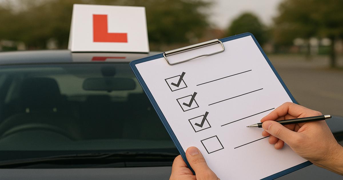 Learner driver car with L plate displayed, alongside a driving test checklist on a clipboard — symbolising instructor assessment before the driving test.